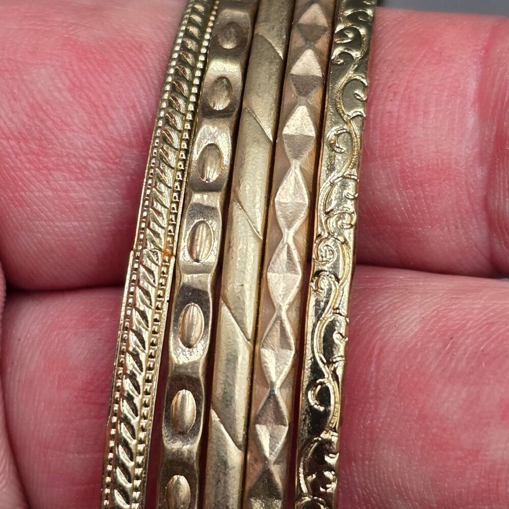 VTG Gold Tone Textured Bangle Bracelets 7" 50s Stackable Eclectic Lot Of 5 - Picture 2 of 4